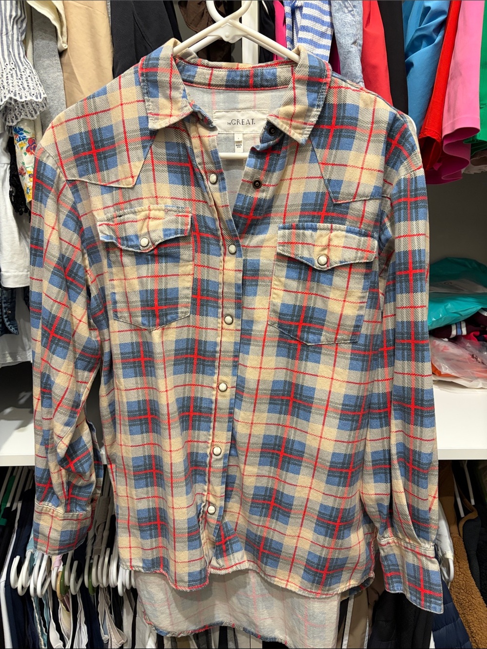 THE GREAT. Cream, Blue & Red Plaid Button-Down Shirt 1